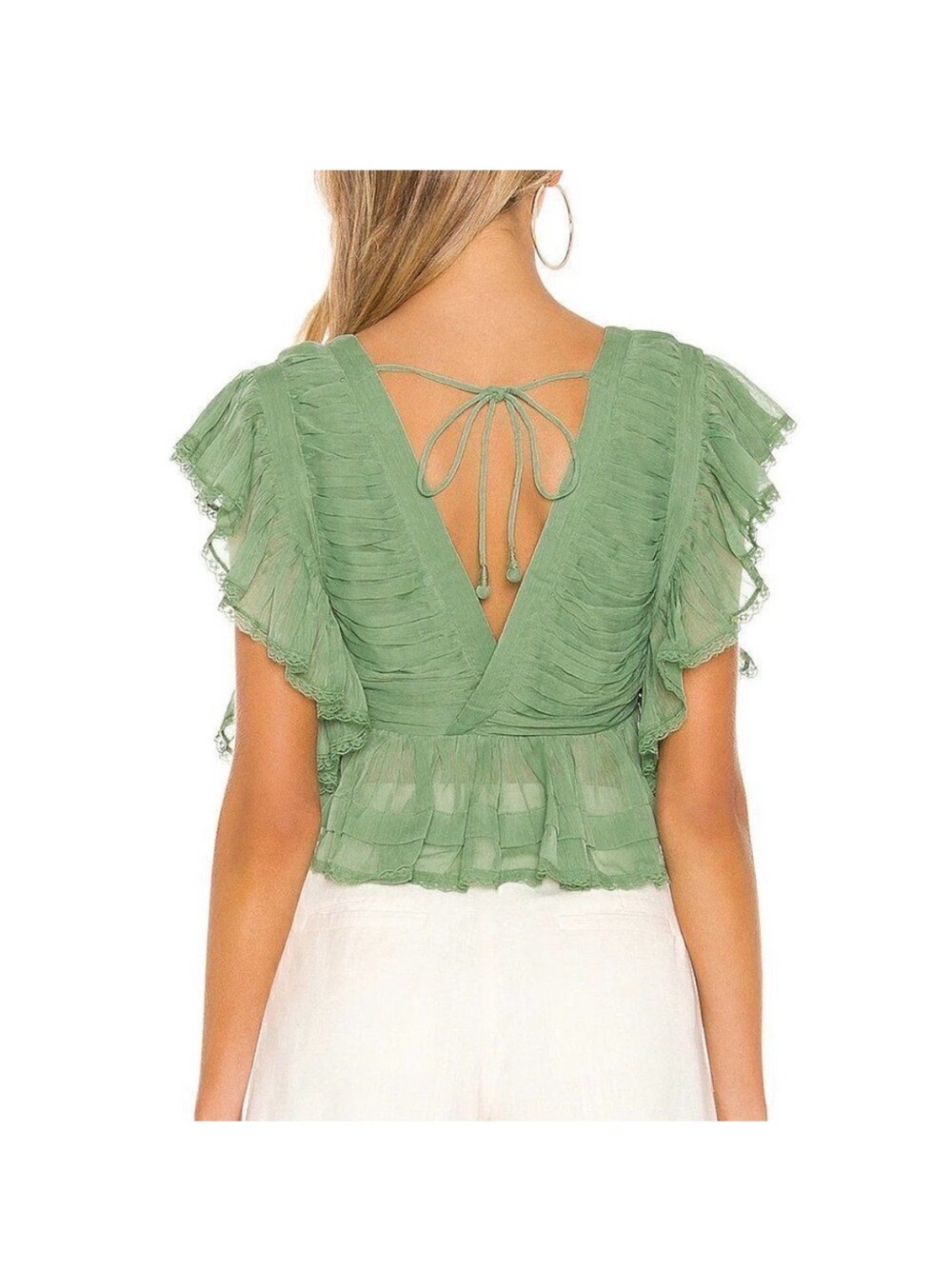 Tularosa Sage Green Ruffle Tie-Back V-Neck Blouse